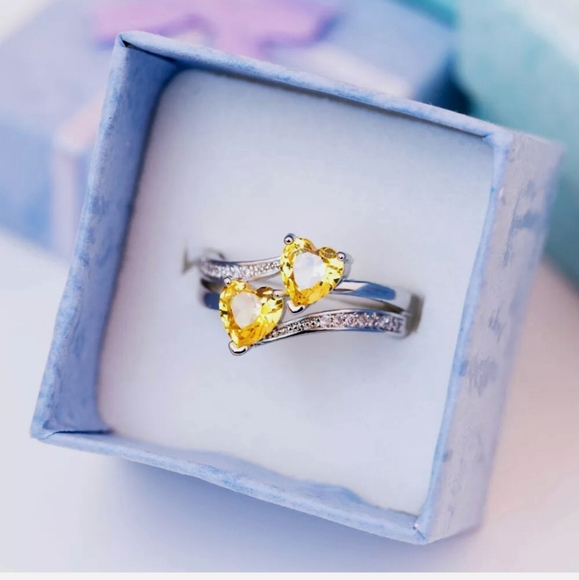 New Double Heart Shaped Citrine Silver Ring. - Picture 1 of 6